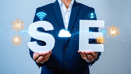 Search Engine Optimization Strategy Presented by a Business Professional Showing Letters and Digital Icons for Enhanced Website Visibility