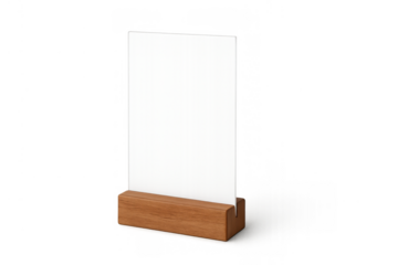 Blank vertical table tent sign mockup with wooden base holding a white paper card, transparent background