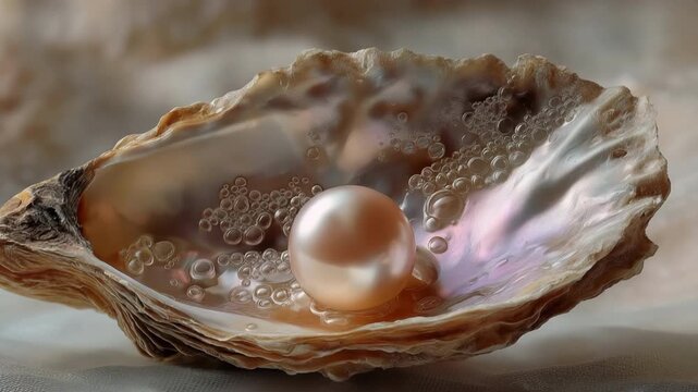 The rich beauty and inherent elegance of an open oyster shell are highlighted by a pearl nestled inside.