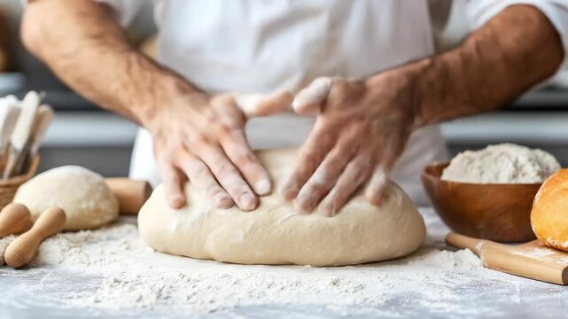 A baker skillfully prepares a ball of dough on a floured surface, showcasing their mastery in bread making and the art of baking.