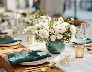 Wedding reception table setting with floral centerpiece