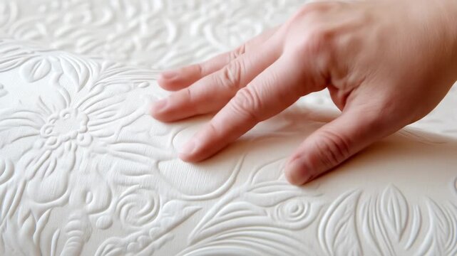 A hand gently caresses a white mattress featuring an embossed floral pattern, emphasizing the comfort and soft texture, suitable for sleep and relaxation.