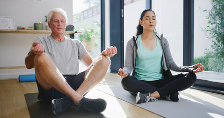 Fitness, meditation or yoga with old man and physiotherapist in studio for rehabilitation routine....