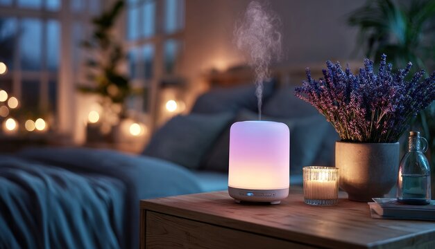 Aroma diffuser releasing vapor in bedroom, promoting relaxation