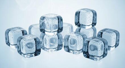 Crystal clear ice cubes glistening with refreshing water droplets, perfect for conveying coolness and refreshment in beverage and lifestyle visuals.