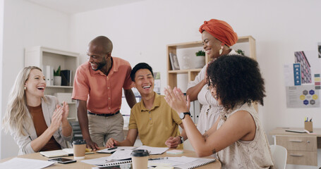 People, applause and success with team, graphic design and support for goal achievement at startup....