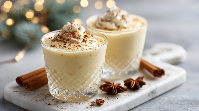 A mini eggnog puddings on marble board, light tones, copy space