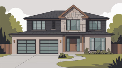 Illustrated two story house with a stone accent gable and a two car garage on a cloudy day scene
