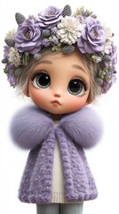 Enchanting Floral Maiden: A whimsical portrait of a captivating little girl, adorned with a delicate floral wreath and a matching purple cloak, radiating an aura of innocence and grace. 