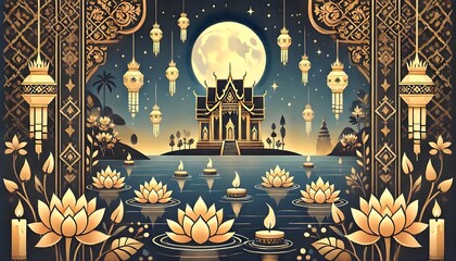Golden lotus lanterns floating on river under moonlight
