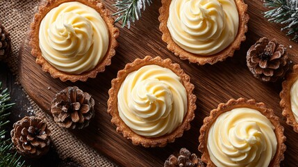 A small tartlets filled with eggnog cream, overhead flat lay, winter styling