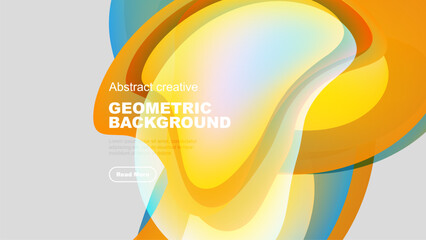 Abstract geometric background features vibrant orange, yellow, blue layers. Modern design with text, button present. Clean, simple aesthetic.