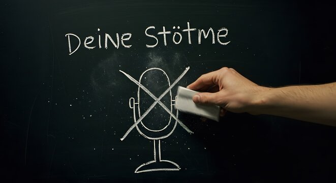 Blackboard with Hand Erasing Microphone Drawing and German Text Deine St&Atilde;&para;tme