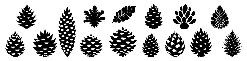 black and white silhouettes of various pine cones and a leaf on a white background