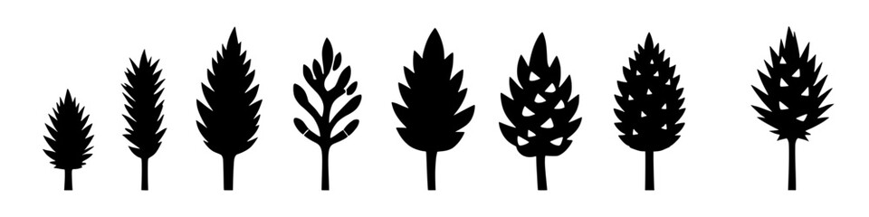 various stylized black silhouettes of plants, herbs, or wheat stalks on a white background