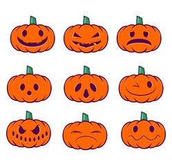 Collection of nine cute halloween pumpkin face with different expression. Vector illustration of jack-o'-lantern emojis perfect for halloween design, stickers, and decoration