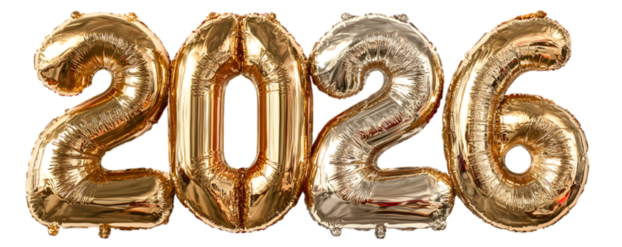 Golden metallic number balloons 2026 isolated on transparent background, luxury new year party decoration.