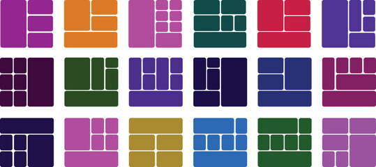 Colorful geometric bento grid layout templates with rounded corners A versatile collection of trendy geometric layout templates featuring rounded corners, perfect for creating visually appealing