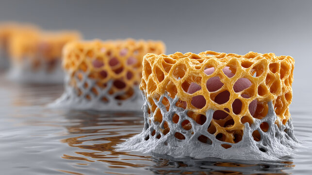 Porous scaffold bone cell regeneration biomaterial nutrient mesh healing laboratory study with calm optimism