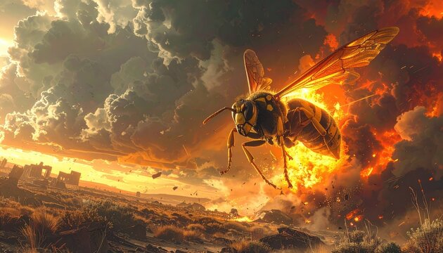 Fiery Wasp in Apocalyptic Sunset Landscape