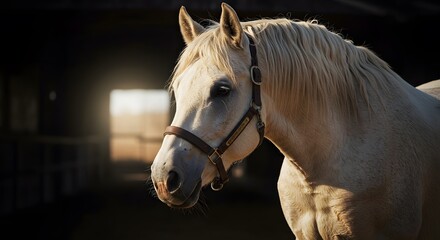 Obraz premium White Horse in Stable at Sunset with Soft Lighting and Calm Atmosphere