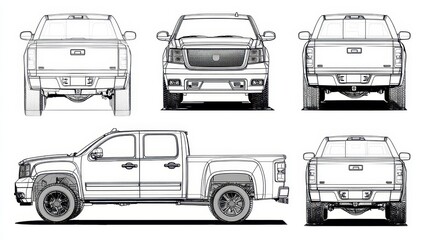Obraz premium Pickup Truck Profile. Universal Isolated Projection with Flank and Aerial Views