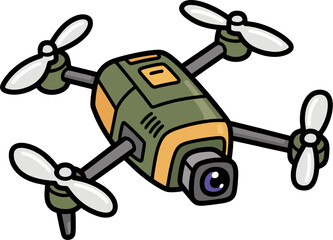 Cartoon Military Quadcopter Drone Vector Illustration, Cute Surveillance UAV Sticker with Camera