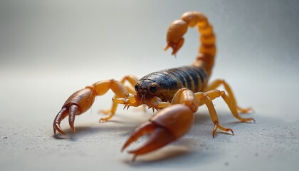 Close up of scorpion with orange and black body. Scorpion has large claws and curved tail. Insect stands on white surface with small particles.