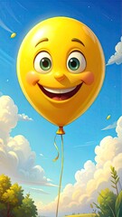 Happy Yellow Balloon Floating in a Sunny Sky