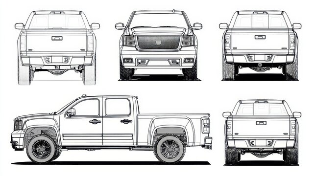 Pickup Truck Profile. Universal Isolated Projection with Flank and Aerial Views