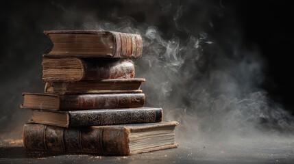 Science Fair Cover. Vintage Library Books Stack on Dark Background with Bewitched Book in Center