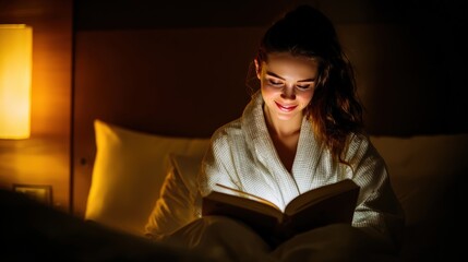 Woman in bathrobe reads illuminated book in bed at night.
