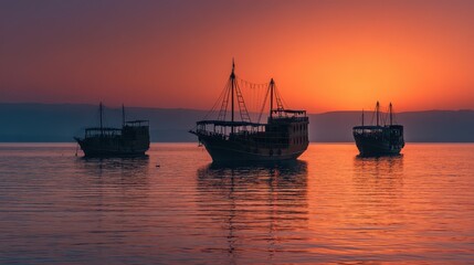 Obraz premium Sea of Galilee Fishing: Jerusalem Silhouette at Sunrise with Ships on the Horizon