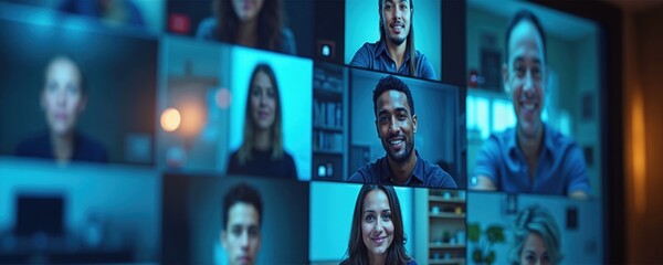 Group video call displayed on a screen with diverse participants. People interact during online meeting via video conference. Remote work and global collaboration is important in business