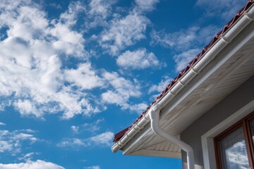 Seamless Gutters. Building Architecture Background with White Plastic Rain Gutter and Dark Sky