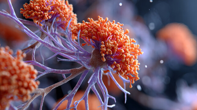 Neuron synapse brain orange purple macro science health glow neurons connect in dreamy calm mood