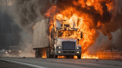 Semi Truck On Fire. Daytime Carnage: A Blaze of Danger and Car Damage