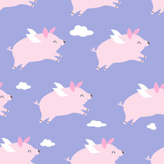 Seamless pattern of pink pig with wings. Valentine's day holiday concept. Vector illustration for product design, wallpaper, wrapping paper.
