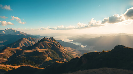 Lush green mountains and valleys under a clear blue sky, illuminated by the gentle light of the sun, serene and picturesque.