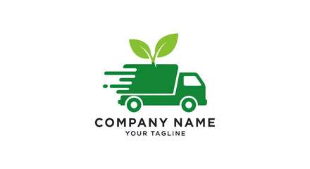 Eco friendly green delivery truck logo with leaves.