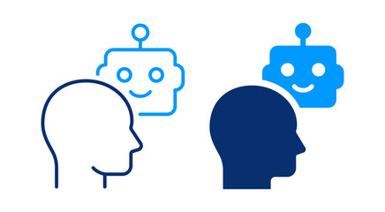 Human and robot outline and solid vector icons.