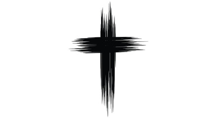 A distressed black brushstroke cross stands prominently against a stark white background, conveying themes of faith, spirituality, and remembrance.