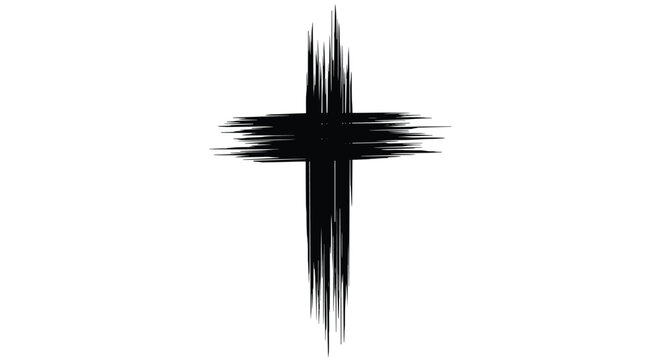 A distressed black brushstroke cross stands prominently against a stark white background, conveying themes of faith, spirituality, and remembrance.