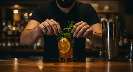 Bartender Preparing Fresh Mint Lemonade Cocktail in Modern Bar