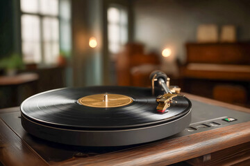 Turntable spinning vinyl record in a warmly lit room with a piano in the background, creating a cozy and nostalgic atmosphere.
