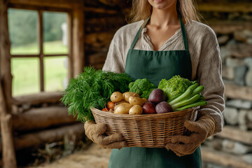 Fresh Harvest: A woman in apron holds a basket filled with organically grown vegetables, promising a healthy farm-to-table experience.