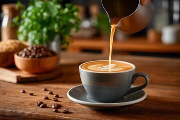 Pouring a creamy beverage into a cup with latte art, amidst coffee beans and a wooden setting, creating a cozy coffee moment.