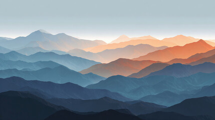 Mountain range at sunrise or sunset creates a gradient with layers of colors. The light hues create an aesthetically pleasing scenery