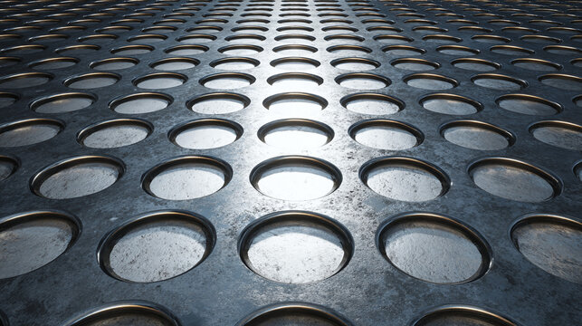 Abstract metal surface with a pattern of circular holes, with interesting light and shadows creating an intriguing visual