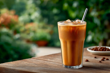 Refreshing iced coffee in a glass with a metal straw, perfect for a sunny day refreshment on the wooden table.